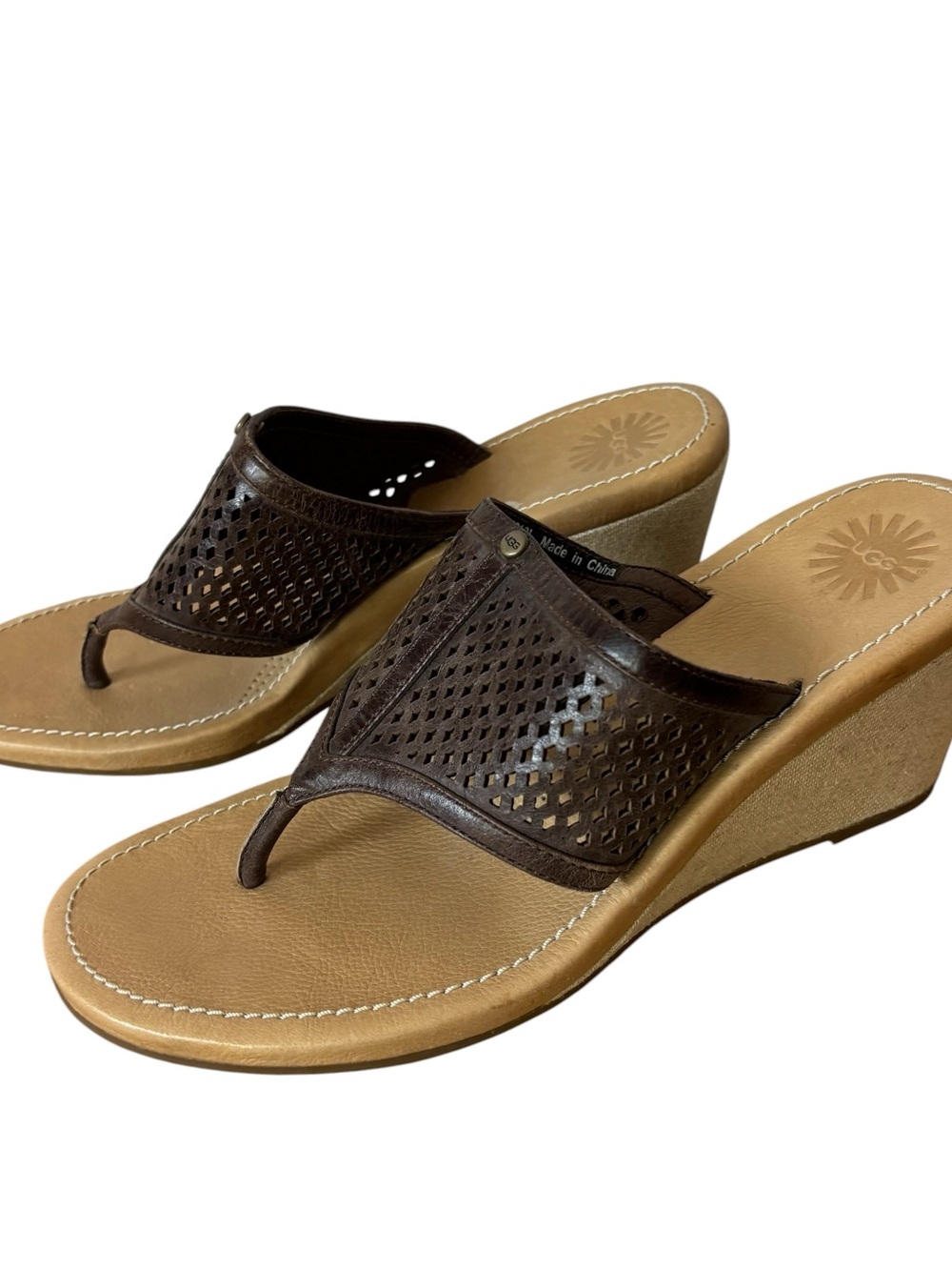 UGG Brown Solena Thong Wedge Sandal Brown Perforated Leather Vamp Size 8